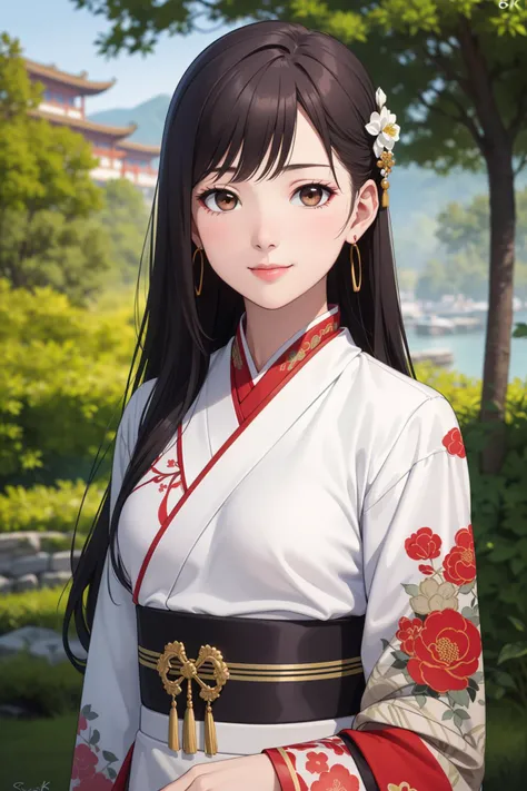 (best quality, masterpiece, 8K, ultra high res, realistic:1.3),(Beautiful and detailed face:1.2),(upper body:1.2),1girl,solo,looking at viewer,black long hair,brown eyes,slim body,arms at sides,smile,hanfu,colorful chinese clothes,earrings,hairpin,necklace,architecture,east asian,riverside,forest,