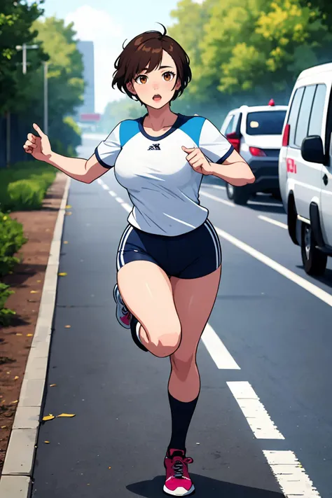 (best quality:1.4),(masterpiece:1.4),(8K:1.4),(extremely detailed:1.4),1girl,solo,brown eyes,(upper body:1.2),looking at viewer,short hair,black hair,(full body:1.2),large breasts,running in sportswear,outdoors,