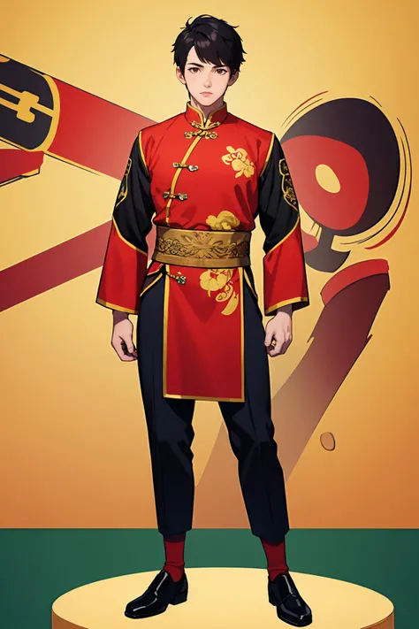 (best quality:1.4),(masterpiece:1.4),(8K:1.4),(extremely detailed:1.4),1boy,solo,brown eyes,(upper body:1.2),looking at viewer,short hair,black hair,chinese clothes,(full body:1.2),standing,