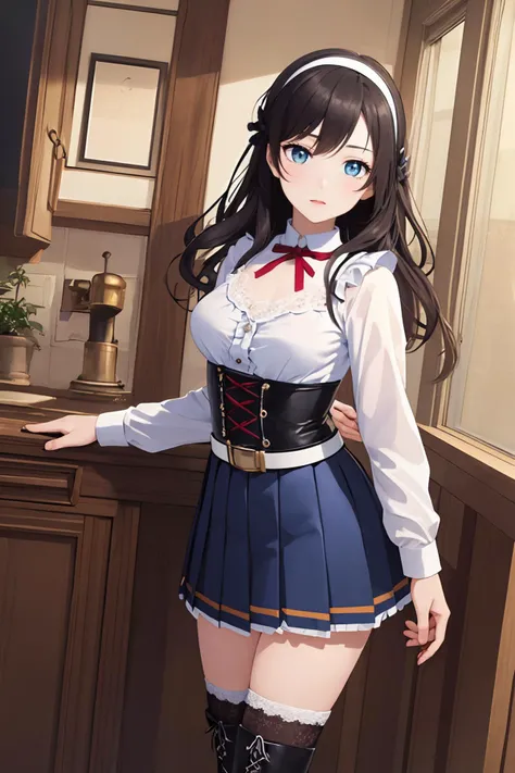 (best quality:1.4),(masterpiece:1.4),(waist up:1.6),1girl,solo,extremely detailed eyes,hairband,blue eyes,shirt,center frills,belt,pleated skirt,black thighhighs,knee boots,lace-up boots,full body,