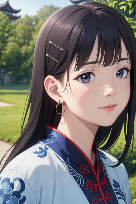 (best quality, masterpiece, 8K, ultra high res, realistic:1.3),(Beautiful and detailed face:1.2),(close-up:1.2),1girl,solo,looking at viewer,black long hair,brown eyes,slim body,arms at sides,smile,(Extremely detailed blue chinese long embroidery silk robe:1.2),earrings,hairpin,necklace,architecture,east asian,riverside,forest,
