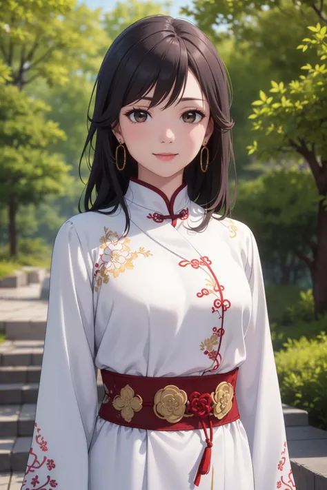 (best quality, masterpiece, 8K, ultra high res, realistic:1.3),(Beautiful and detailed face:1.2),(upper body:1.2),1girl,solo,looking at viewer,black long hair,brown eyes,slim body,arms at sides,smile,(Extremely detailed white chinese long embroidery silk robe:1.2),earrings,hairpin,necklace,architecture,east asian,riverside,forest,