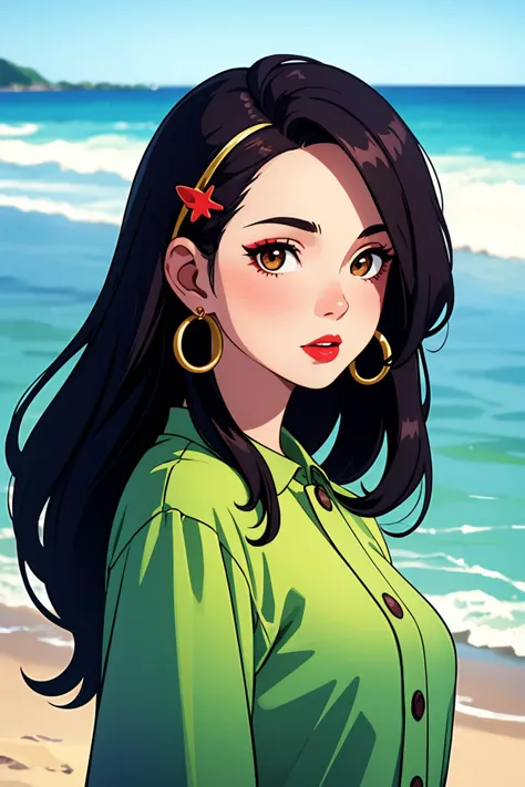 (best quality:1.4),(masterpiece:1.4),(8K:1.4),(extremely detailed:1.4),1girl,solo,brown eyes,(upper body:1.2),looking at viewer,long hair,black hair,red lips,hair ornament,hair behind ear,makeup,earrings,sea,beach,wind,