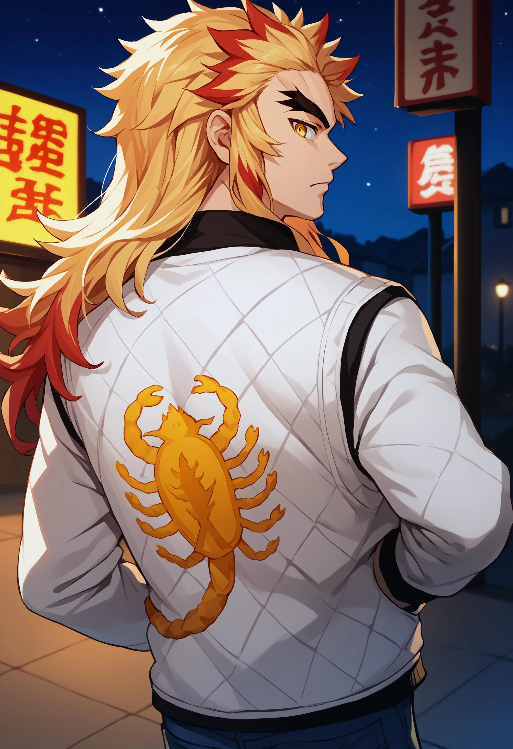 score_9, score_8_up, score_7_up, source_anime BREAK 1boy, solo, male focus, <lora:demonslayer_rengoku_ponyXL:1> rengoku kyojuro, forked eyebrows, two-tone hair, blonde hair, long hair, red hair, yellow eyes <lora:drivejacket-outfit-richy-v1_pdxl:0.8> print jacket, white jacket, from behind, jeans, looking back, looking at viewer, dark, darkness, night, night sky