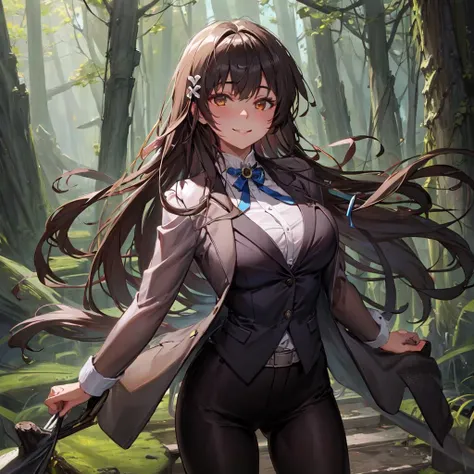 best quality, masterpiece,1girl, light smile, suit jacket,dual wielding,forest,day,