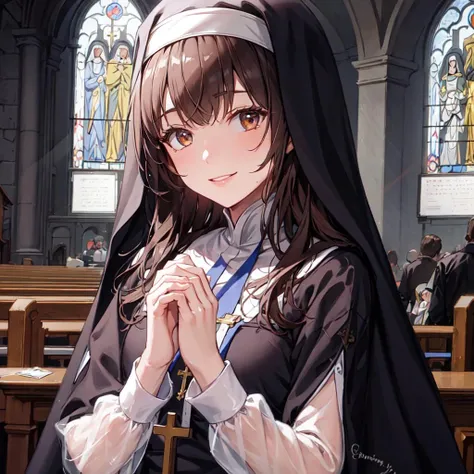 best quality, masterpiece,1girl,nun, light smile, church, own hands together,