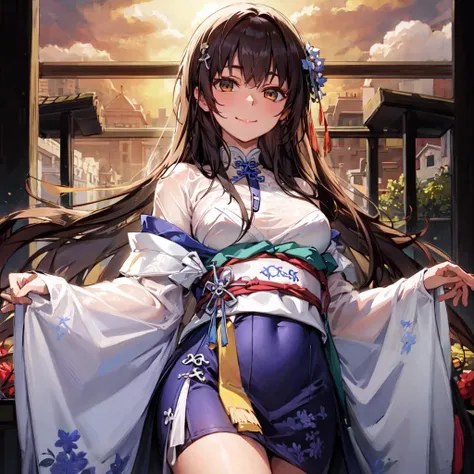 best quality, masterpiece,1girl, light smile, oasis,sunset, kimono lift, pettiskirt,