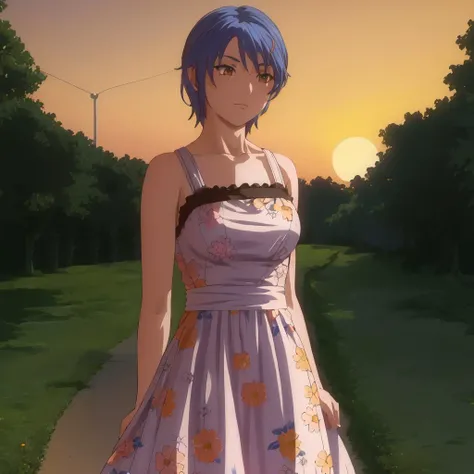 morikawa_yuki, 1girl, blue hair, park, floral sundress, sunset  <lora:morikawa_yuki_v1:0.8>, masterpiece, best quality