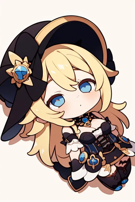 (high quality, best quality),
1girl, perfect face,
Navia, blond hair, long hair, frilled hair, blue eyes, neck ornament, hat, corset dress, cleavage,
<lora:Navia__Genshin_Impact-000011:0.6>
<lora:QiqiFallen:0.8> QiqiFallen, chibi, on back