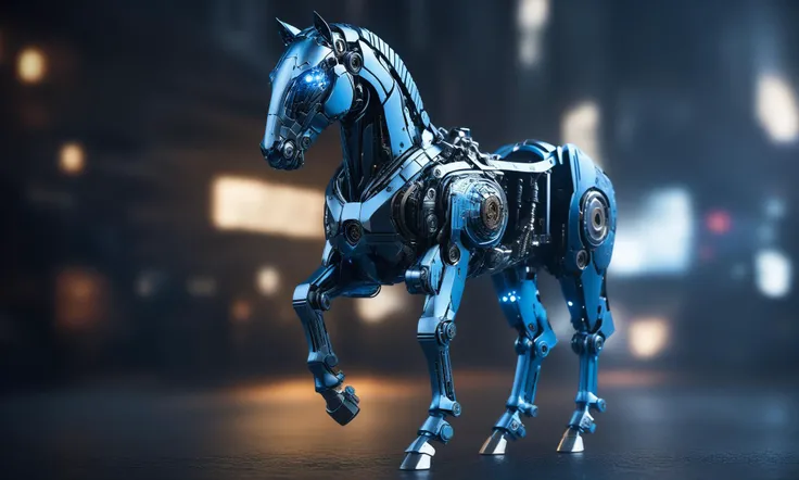 <lora:mechcd_xl-000007:0.8>,a (mechcd_xl,mech,cyberpunk,shiny,glowing,mechanical parts,joints,military) horse,blue theme,no humans,solo,long-focus,tilt-shift,outdoors,full body,cityscape,at night,dim light,glowing eyes,science fiction,dystopian,futuristic,intricate,chinese zodiac,still life,front view,facing viewer,looking at viewer, emotional,harmonious,high budget,moody,epic,gorgeous,perfect lighting,realistic,photorealistic,photographic,photo (medium),real,moody lighting,volumetric lighting,reality ray tracing,8K,HDR,UHD,masterpiece,best quality,highly detailed,high resolution,finely detail,extremely detailed,ultra detailed,wallpaper