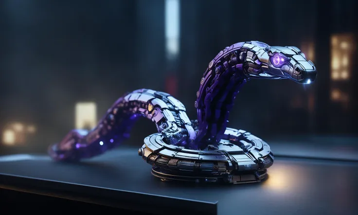 <lora:mechcd_xl-000007:0.8>,a (mechcd_xl,mech,cyberpunk,shiny,glowing,mechanical parts,joints,military) snake,purple theme,no humans,solo,long-focus,tilt-shift,outdoors,full body,cityscape,at night,dim light,glowing eyes,science fiction,dystopian,futuristic,intricate,chinese zodiac,still life,front view,facing viewer,looking at viewer, emotional,harmonious,high budget,moody,epic,gorgeous,perfect lighting,realistic,photorealistic,photographic,photo (medium),real,moody lighting,volumetric lighting,reality ray tracing,8K,HDR,UHD,masterpiece,best quality,highly detailed,high resolution,finely detail,extremely detailed,ultra detailed,wallpaper