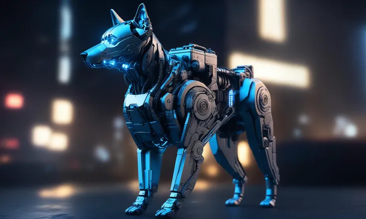 <lora:mechcd_xl-000007:0.8>,a (mechcd_xl,mech,cyberpunk,shiny,glowing,mechanical parts,joints,military) dog,indigo theme,no humans,solo,long-focus,tilt-shift,outdoors,full body,cityscape,at night,dim light,glowing eyes,science fiction,dystopian,futuristic,intricate,chinese zodiac,still life,front view,facing viewer,looking at viewer, emotional,harmonious,high budget,moody,epic,gorgeous,perfect lighting,realistic,photorealistic,photographic,photo (medium),real,moody lighting,volumetric lighting,reality ray tracing,8K,HDR,UHD,masterpiece,best quality,highly detailed,high resolution,finely detail,extremely detailed,ultra detailed,wallpaper