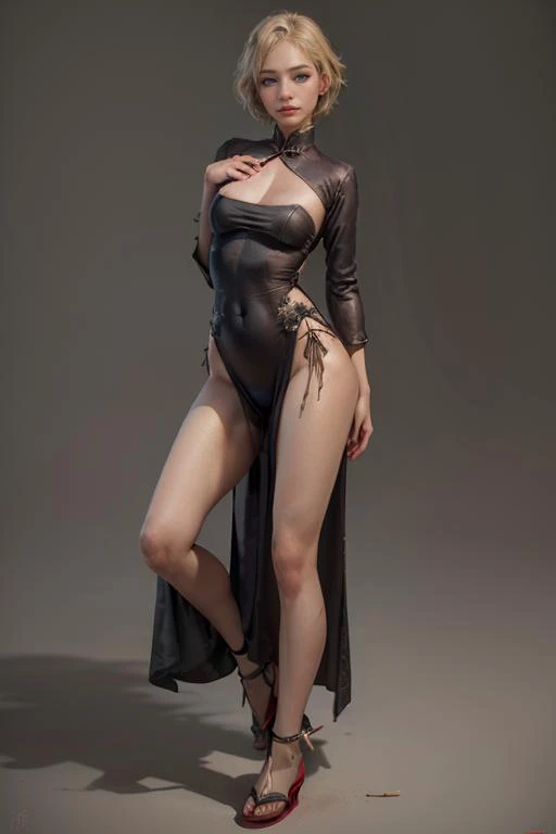 professional detailed photography, best quality,masterpiece,(realistic:1.3),1girl, solo, blue eyes, blonde hair, dress, grey background, short hair, simple background, sandals, full body, looking at viewer, china dress, pelvic curtain, chinese clothes, red dress, standing, closed mouth, breasts, toeless footwear, (muted colors, dim colors, soothing tones), (vsco:0.3)