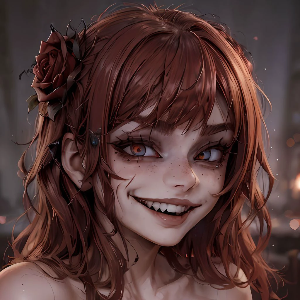 best quality, highest quality, masterpiece, high resolution, clean picture, smooth picture, high details, dreamlike, unreal, science fiction, (rose theme), BREAK,
1girl, (wavy hair, red hair), perfect face, beautiful face, perfect nose, sharp face, jawline, (cheek bones, cheek dimples), BREAK,
beautiful eyes, big eyes, blue eyes, long eyelashes, full eyebrows, mascara, underliner, freckles, full lips,
edgGesugao, facial expression, ((((smir, smug, sadistic smile, evil smile, gesugao)), shaded face)), <lora:edgGesugao:1>