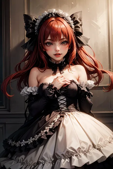 (masterpiece, best quality), 1girl, red hair, medium chest, gothic frill dress, pervert face,