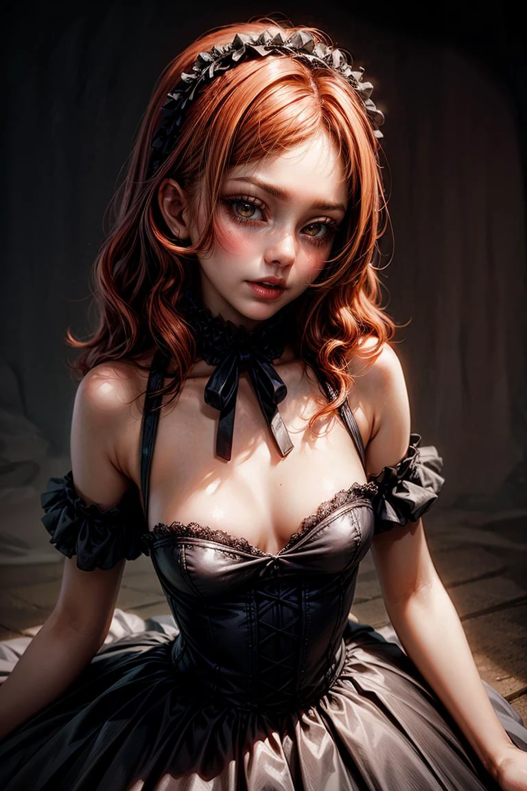 (masterpiece, best quality), 1girl, red hair, medium chest, gothic frill dress, pervert face, <lora:add_detail:1>