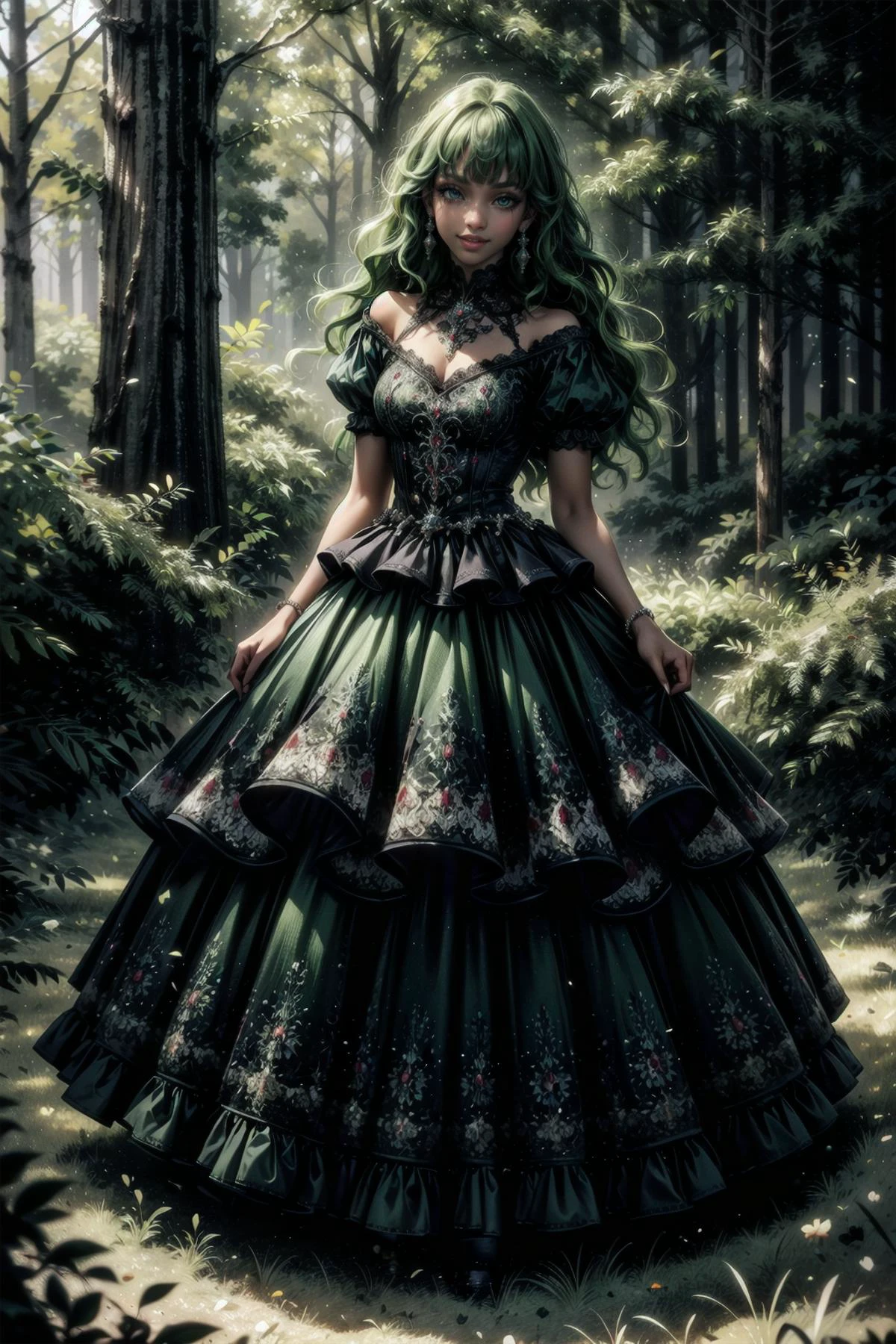 (masterpiece:1.2, best quality:1.2), absurdres:1.2, depth of field:1.3, perfect lighting, cinematic shadows, (crazy eyes), (red eyeliner), solo, looking at viewer, bangs, smile, closed mouth, (full body), (((dark skin))), (green hair), long hair, hair between eyes, realistic background, village, hut, forest, <lora:more_details:0.45>, <lora:wrenchelegadome:0.8>, dress, wrenchelegadome,