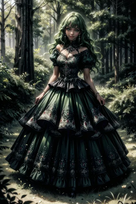(masterpiece:1.2, best quality:1.2), absurdres:1.2, depth of field:1.3, perfect lighting, cinematic shadows, (crazy eyes), (red eyeliner), solo, looking at viewer, bangs, smile, closed mouth, (full body), (((dark skin))), (green hair), long hair, hair between eyes, realistic background, village, hut, forest, <lora:more_details:0.45>, <lora:wrenchelegadome:0.8>, dress, wrenchelegadome,