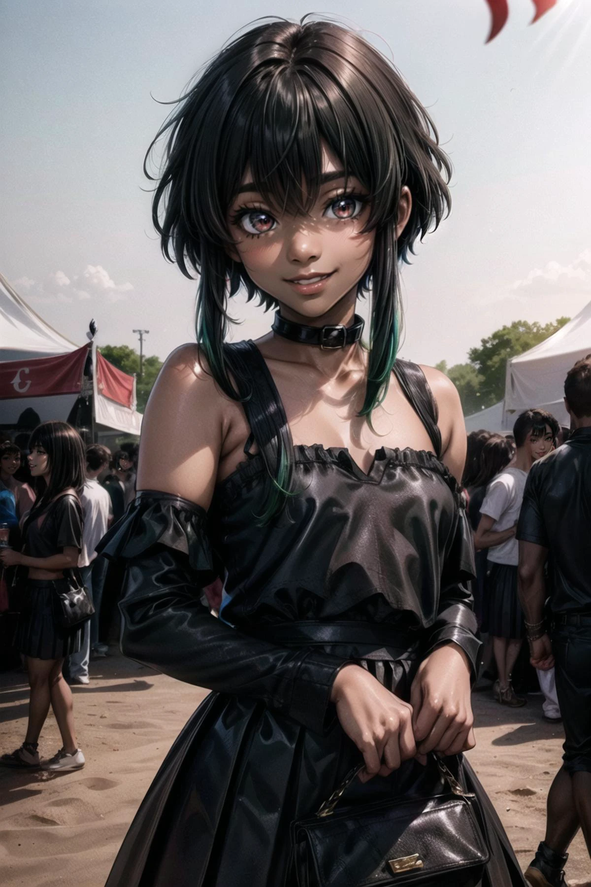 (masterpiece:1.2, best quality:1.2), ((((dark skin)))), (((((black shirt, black skirt))))), <lora:more_details:0.45>, (((smile))), ((happy)), closed mouth, 1girl, red eyes, slave collar, (green hair:1.1), (blue hair), (two-toned hair), short hair, ((((frontlocks)))), (short hair with long locks:1.2), looking at viewer, outdoors, ((((festival)))), sunset, red lipstick, <lora:FrontLocks_v004-08:0.55>, flat chest, ribbon, cowboy shot,