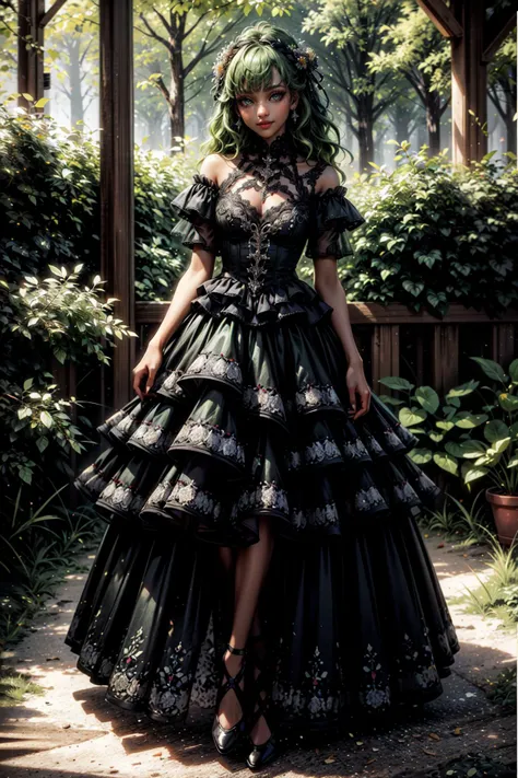 (masterpiece:1.2, best quality:1.2), absurdres:1.2, depth of field:1.3, perfect lighting, cinematic shadows, (crazy eyes), (red eyeliner), solo, looking at viewer, bangs, smile, closed mouth, (full body), (((dark skin))), (green hair), long hair, hair between eyes, realistic background, village, hut, forest, <lora:more_details:0.45>, <lora:wrenchelegadome:0.8>, dress, wrenchelegadome,