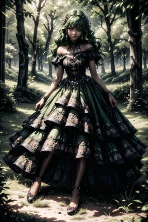 (masterpiece:1.2, best quality:1.2), absurdres:1.2, depth of field:1.3, perfect lighting, cinematic shadows, (crazy eyes), (red eyeliner), solo, looking at viewer, bangs, smile, closed mouth, (full body), (((dark skin))), (green hair), long hair, hair between eyes, realistic background, village, hut, forest, <lora:more_details:0.45>, <lora:wrenchelegadome:0.8>, dress, wrenchelegadome,