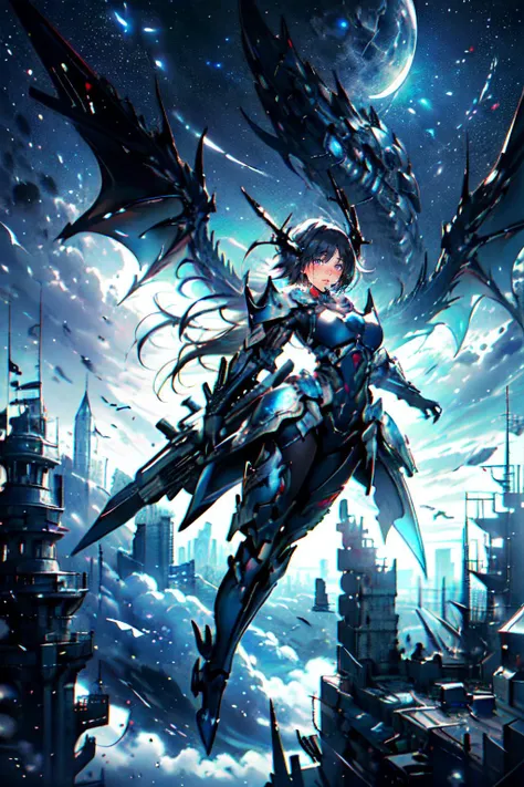 (masterpiece, top quality, best quality, official art, beautiful and aesthetic:), futuristic city, armor, (A girl is flying in the sky:1.4), wind, storm, intricate, elegant, highly detailed, smooth, sharp focus, Dragon ear, backlighting, 8k, big mecha monster in background, night, (dark environment), <lora:dragon ear_20230623155318:0.8>, <lora:DarkIncursioStyle:0.7>
