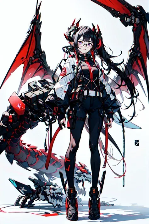 <lora:v1.0 dragon ear_20230623155318-000012:0.8> Dragon ear, Mecha, machine, Dragon wings, dragon tail, dragon horn,, ultra detailed, masterpiece, best quality, aesthetic, detailed,, solo, smug smile, 1girl, purple eyes, red-framed eyewear, (black hair, red colored tips:1.2), red streaked hair, very long hair, side ponytail, tied hair, medium breasts,, <lora:StS-Coat-and-Jacket-On-Shoulders-Iteration2:0.7> dataset, jacket on shoulders, coat on shoulders, red dress, sleeves rolled up, fingerless gloves, holster, belt, multiple belts, combat boots, bulletproof vest, pants, black coat, tactical clothes,