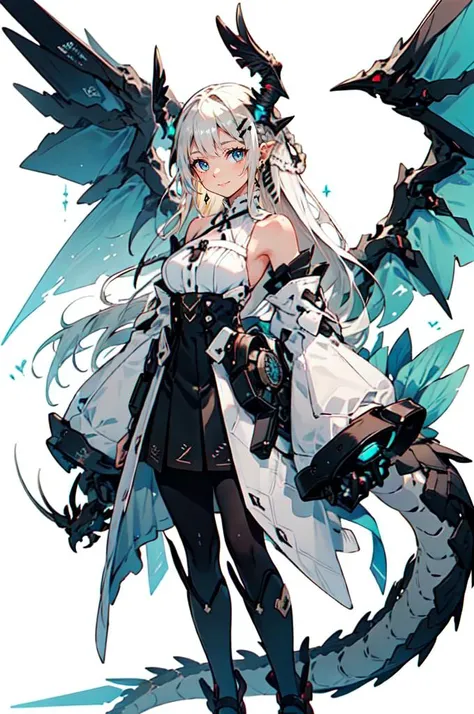 <lora:v1.0 dragon ear_20230623155318-000012:0.7> Dragon ear, Mecha, machine, Dragon wings, dragon tail, dragon horn,, ultra detailed, masterpiece, best quality, aesthetic, detailed,, solo, soft smile, light smile,
1girl, blue eyes, very long hair, blonde hair, long blonde hair, french braid, bangs, medium breasts,, hair ribbon, frilled choker, criss-cross halter, sleeveless dress, high-waist skirt, backless dress, waist bow, detached sleeves, frilled sleeves, wide sleeves, pantyhose, patterned legwear, mary janes,