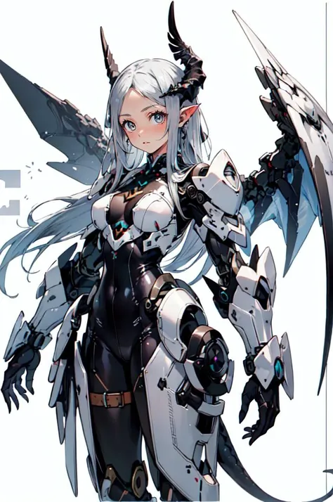 <lora:v1.0 dragon ear_20230623155318-000012:0.7> Dragon ear, Mecha, machine, Dragon wings, dragon tail, dragon horn,, ultra detailed, masterpiece, best quality, aesthetic, detailed,, serious, 1girl, (white eyes:1.1), (grey eyes:1.3), white hair, very long hair, parted hair, parted bangs, <lora:parted_hair_v1.3:1.3>, medium breasts,, valkyrie, (bodysuit:1.1), pink wing hair ornament, grey armored skirt, black bodysuit, armor, gauntlets, pink breastplate, greaves, armored dress, pink hues,