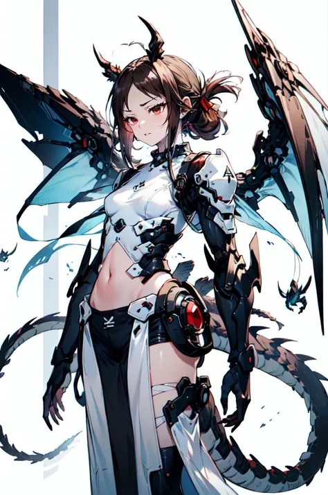 <lora:v1.0 dragon ear_20230623155318-000012:0.7> Dragon ear, Mecha, machine, Dragon wings, dragon tail, dragon horn,, ultra detailed, masterpiece, best quality, aesthetic, detailed,, solo, frown,
1girl, red eyes, <lora:Tsurime3:1>, (tsurime:1.2), (brown hair:1.3), medium hair, (asymmetrical bangs, swept bangs, cowlick:1.35), flipped hair, <lora:foldedponytail:0.8> foldedponytail, folded ponytail, (small breasts:1.3),, fingerless gloves, shimenawa hair tie, sleeveless turtleneck, crop top, groin, (shimenawa:1.3), (shimenawa sash:1.3), (overskirt:1.2), shorts, flats, bandages, bandaged arm, bare legs, navel,
