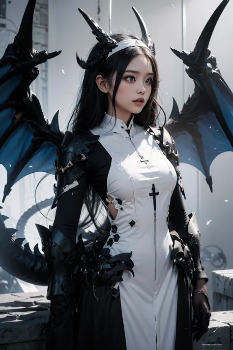 dragon girl, nun, habit, nun outfit, 1girl, dragon ear, dragon wings, black tone, absurdres, medium soft breasts, curvy, perfect shadows and lighting, detailed nature background, incredible cg lighting,<lora:dragon ear_20230623155318:0.8>