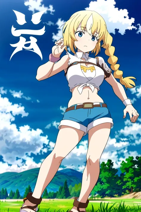 1girl, solo, (full body:1.5), (front-view:1.5), (Lammis:1.3), (blonde hair:1.3),((braided:1.5) side ponytail) <lora:Lammis-V1_0-000011:0.6>, <lora:ghibli_style_offset:0.5> <lora:Pyramid lora_Ghibli_n3:0.5> studio ghibli, ghibli style, <lora:bootyshake:0.5>, sexy pose