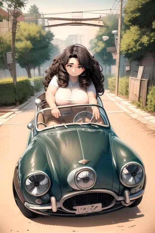 (masterpiece:1.4), high quality, high definition, sharp focus, detailed clothes, detailed body, detailed face, anime, best quality, 4k, 8k, absurd resolution, intricate detail, detailed hands, (detailed eyes:1.3), animation, illustration, highly detailed, highres, extremely detailed, <lora:hyperdenoiser_v090:0.6>, <lora:perfetfingers:1>, <lora:hyperrefiner_v090:0.6>, <lora:add_detail:0.3>, seductive smile, (large breasts), (parted bangs:1.6), skindentation, <lora:ETO_OC:0.2> ETO-OC, <lora:ETO_OCC006:0.7>, ETO_OCC, (curly hair:1.3), (long hair:1.1), black hair, thick eyebrows, pale skin, curvy, (plump:1.2), fat, 1girl, (hazel eyes:1.3), smiling, looking at viewer, mature female, <lora:mesugaki-10:0.6>, smug, (Orchid <lora:ackneellengthteeshirtBD2:0.6> tee shirt dress, ackneellengthteeshirtBD, short sleeves), <lora:sensualface_type1:0.6>, driving, (Ombre (any color combination) mini car), outdoors, road,