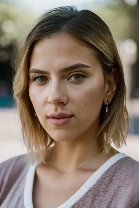 Realistic photo of a beautiful sc4rl3ttj-v2 woman, 1girl, solo, (((blonde hair))), jewelry, green eyes, earrings, white shirt, lips, looking to the side, looking away, portrait, realistic, soft lighting, professional Photography, Photorealistic, detailed, RAW, analog, sharp focus, 8k, HD, DSLR, high quality, Fujifilm XT3, film grain, award winning, masterpiece<lora:sc4rl3ttj-v2:1.0>