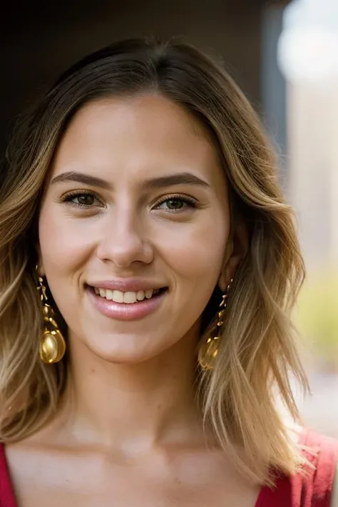 Realistic photo of a beautiful sc4rl3ttj-v2 woman, 1girl, solo, long hair, looking at viewer, smile, simple background, (((blonde hair))), jewelry, earrings, teeth, grin, lips, gem, portrait, realistic, soft lighting, professional Photography, Photorealistic, detailed, RAW, analog, sharp focus, 8k, HD, DSLR, high quality, Fujifilm XT3, film grain, award winning, masterpiece<lora:sc4rl3ttj-v2:1.0>
