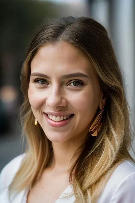 Realistic photo of a beautiful sc4rl3ttj-v2 woman, 1girl, solo, long hair, looking at viewer, smile, simple background, (((blonde hair))), jewelry, earrings, teeth, grin, lips, gem, portrait, realistic, soft lighting, professional Photography, Photorealistic, detailed, RAW, analog, sharp focus, 8k, HD, DSLR, high quality, Fujifilm XT3, film grain, award winning, masterpiece<lora:sc4rl3ttj-v2:1.0>