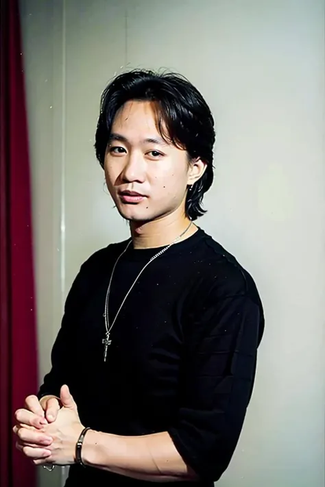 best quality, ultra high res, (photorealistic:1.4), masterpiece, blurry background,indoors,1boy,30 years old,standing ,(looking at viewer), black shirt, <lora:huangjiaju_20230701132334:0.8>