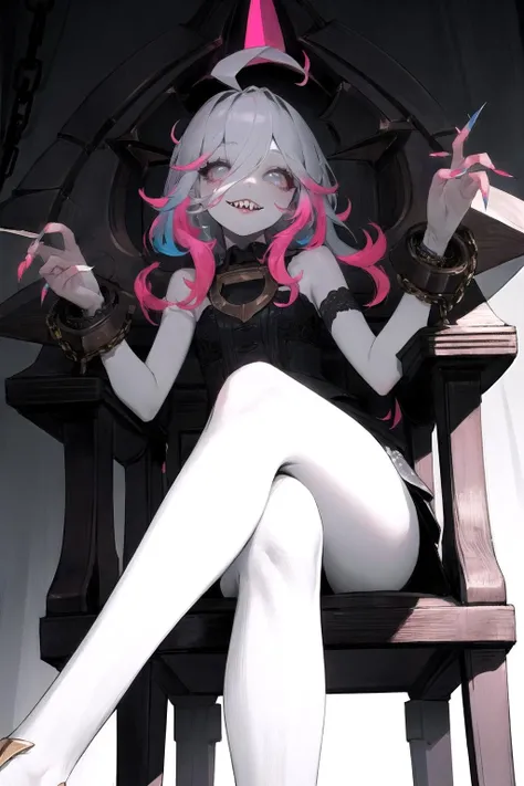 <lora:briar-10:0.8> ,briar, bare shoulders, ahoge, hair between eyes, fingernails, sharp teeth, long hair, grey skin, colored skin, multi colored hair, tongue, tongue out, sitting, arms above head, chains, cuffs, metal collar, bracelets
masterpiece,(best quality),extremely detailed,illustration, solo, vivid color, beautiful, small details, ultra detailed, intricate, beautiful lighting
crossed legs, leg_focus, foot focus, sitting on chair, chair, sitting, looking down, looking at viewer, seductive smile, long legs, femdom, long_legs, 1girl, cowboy shot, (from below), milf, adult, close up,