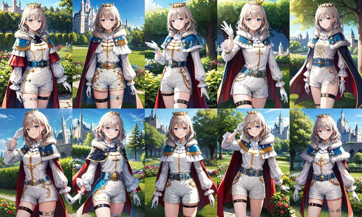 masterpiece, best quality, highres, eeasahi, medium hair, crown, earrings, fur trim, cape, frilled shirt, long sleeves, frilled sleeves, white gloves, white shorts, belt, thigh strap, <lora:serizawa_asahi_v1:0.7>, castle, outdoors, garden, standing, cowboy shot, smile