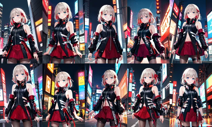 masterpiece, best quality, highres, aanozomi, long hair, streaked hair, hair ornament, hair bow, polka dot, hair flower, ear piercing, earrings, heterochromia, off shoulder, choker, necktie, red shirt, short sleeves, bandages, midriff, black belt, plaid skirt, red skirt, black shorts, chain, thigh strap, fishnet pantyhose, <lora:ishigami_nozomi_v1:0.7>, cowboy shot, standing, outdoors,
