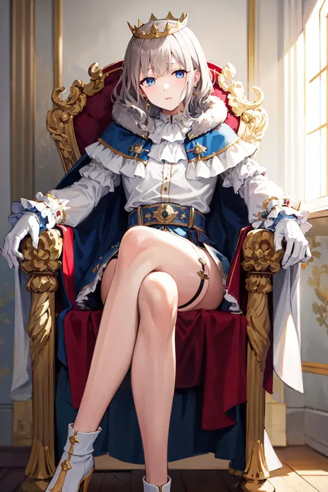 exposed ,Exposed genitals,Detailed details,Artoria Pendragon,Skinny fishnet socks,Kizi ,19years old,diadems,choker necklace,ear jewelry,Seated on an ornate throne,Golden hair,Golden pupils,diadems,queen,palaces,Tulle coat,Clothes open,Gorgeous short skirt,Golden pupils,Leg to knee,with thin legs,white legwear,fresh flowers,8K,Lewd expression,Blushing,