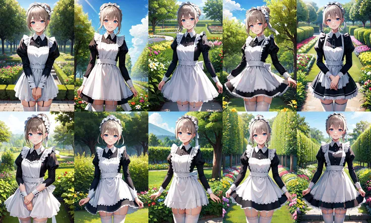masterpiece, best quality, highres, ggasahi, short hair, single hair bun, maid headdress, maid, long sleeves, puffy sleeves, maid apron, white apron, white thighhighs, <lora:serizawa_asahi_v1:0.7>, garden, standing, cowboy shot, smile, v arms,