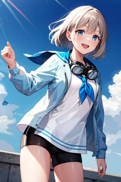 masterpiece, best quality, highres, ffasahi, short hair, goggles around neck, sailor collar, blue neckerchief, white shirt, blue jacket, open jacket, long sleeves, black shorts, <lora:serizawa_asahi_v1:0.7>, cowboy shot, outdoors, standing, blue sky, smile, open mouth, straight-on,