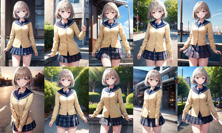 masterpiece, best quality, highres, aaasahi, short hair, blue sailor collar, yellow cardigan, long sleeves, plaid skirt, blue skirt, <lora:serizawa_asahi_v1:0.7>, smile, standing, outdoors, cowboy shot