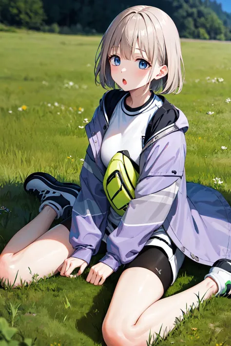 masterpiece, best quality, highres, bbasahi, short hair, white shirt, purple jacket, open jacket, long sleeves, sleeves past wrists, fanny pack, black shorts, <lora:serizawa_asahi_v1:0.7>, wariza, :o, grass, field,