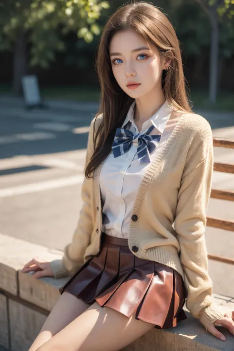 (Best Quality, Masterpiece:1.4), (Realism:1.2), (Realisitc:1.2), (Absurdres:1.2), (photorealistic:1.3), 1girl,Realistic Skin,Solo,( Very Big Eyes,beautiful detailed eyes, symmetric eyes), ((cowboy shot)), bowtie,((brown cardigan)),pleated skirt,(((micro miniskirt))), micro miniskirt, sunlight,long hair,blonde hair, blue eyes, black thighhighs, outdoors, <lora:micro_miniskirtV2:0.5>sitting,loafers