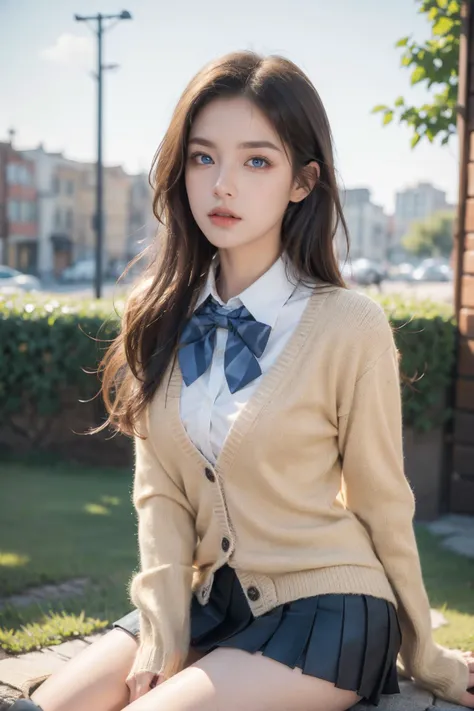 (Best Quality, Masterpiece:1.4), (Realism:1.2), (Realisitc:1.2), (Absurdres:1.2), (photorealistic:1.3), 1girl,Realistic Skin,Solo,( Very Big Eyes,beautiful detailed eyes, symmetric eyes), ((cowboy shot)), bowtie,((brown cardigan)),pleated skirt,(((micro miniskirt))), micro miniskirt, sunlight,long hair,blonde hair, blue eyes, black thighhighs, outdoors, <lora:micro_miniskirtV2:0.5>sitting,loafers