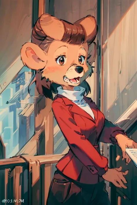 (masterpiece:1.4), (best quality:1.4), (high resolution:1.4), rebecca cunningham, furry female, red jacket, white shirt, <lora:rebecca_cunningham_v1:1>