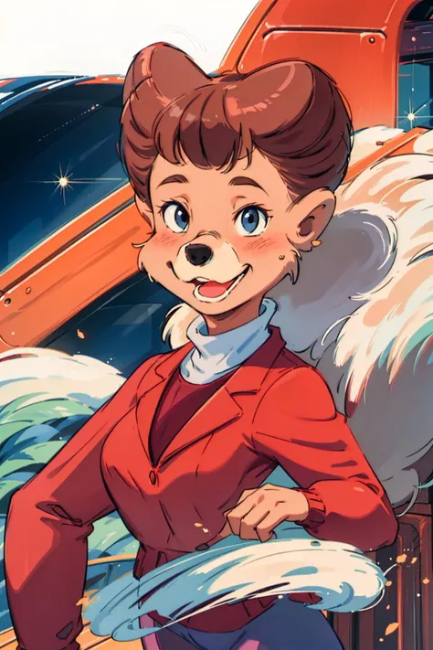 (masterpiece:1.4), (best qualit:1.4), (high resolution:1.4), rebecca cunningham, furry female, red jacket, white shirt, blue pants, light smile, looking at viewer, <lora:rebecca_cunningham_v1:1>