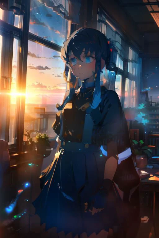 (masterpiece, best quality), muichiro, short hair with long locks, blue hair, ponytail, blue eyes, red ribbon, sidelocks, ahoge, school uniform, suspenders, blue capelet, white shirt, blue choker, choker, miniskirt, white skirt, navel, gloves, dream like, looking at viewer, AGGA_ST012, disdainful eyes, natural lighting, sunset, window, cinematic, still,